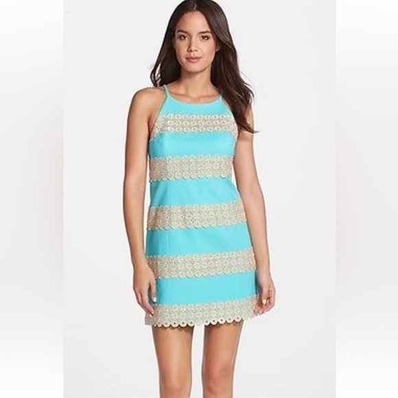 Lilly Pulitzer Annabelle Shift Shorely Blue Gold Lace Dress Size 4 - Picture 1 of 14